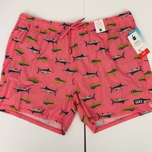 Saxx Pink and Gray Swim Shorts with Shark Design